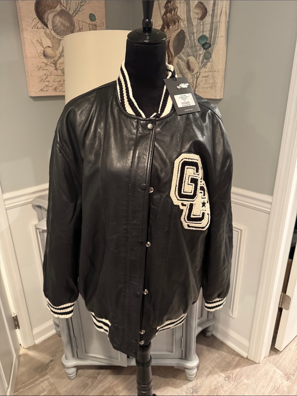 Black Leather Varsity Jacket with White Trim and Letter Patch